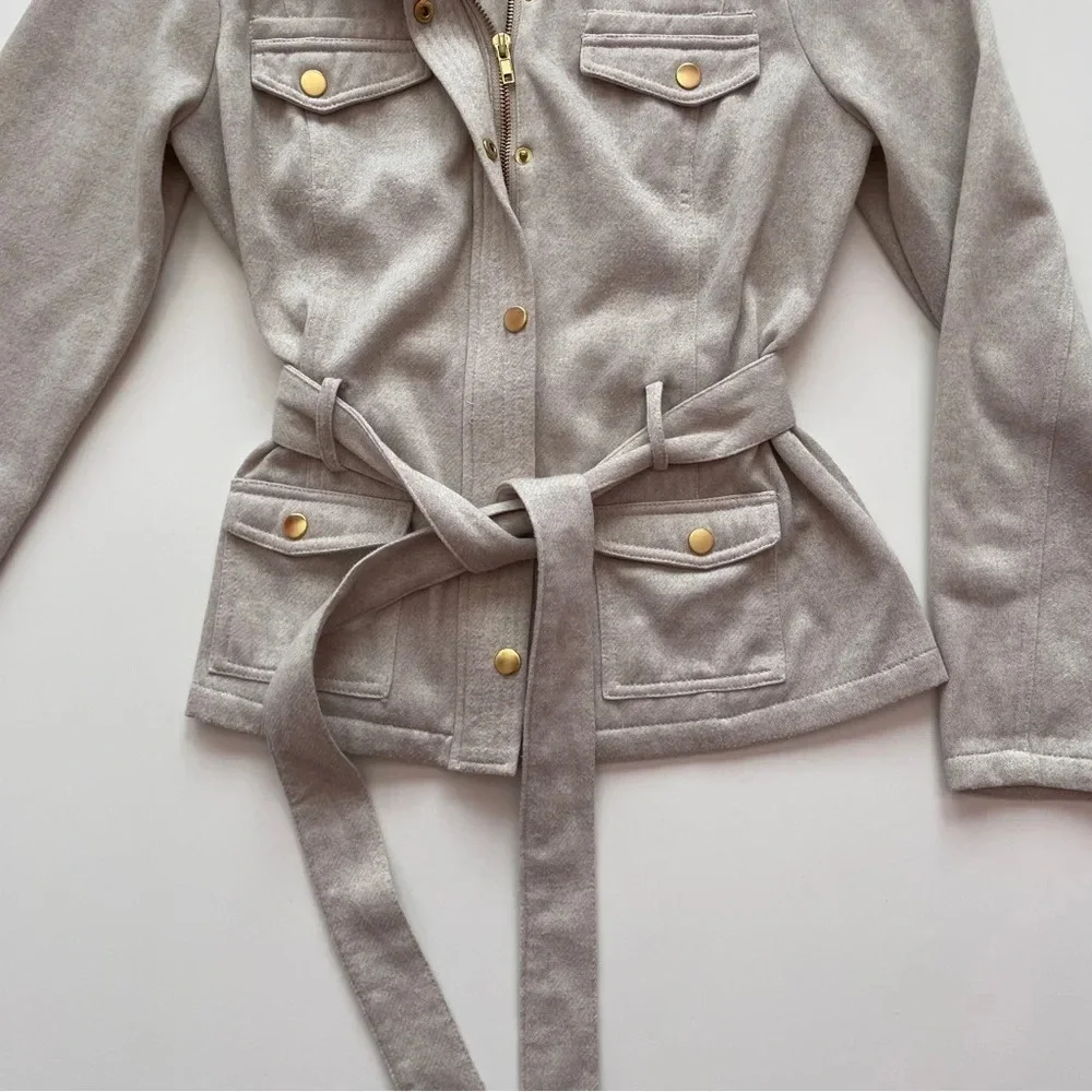 GUESS Tie Winter Jacket Cozy Coat Beige Tan Neutral Size Medium Gold Hardware - Picture 5 of 15